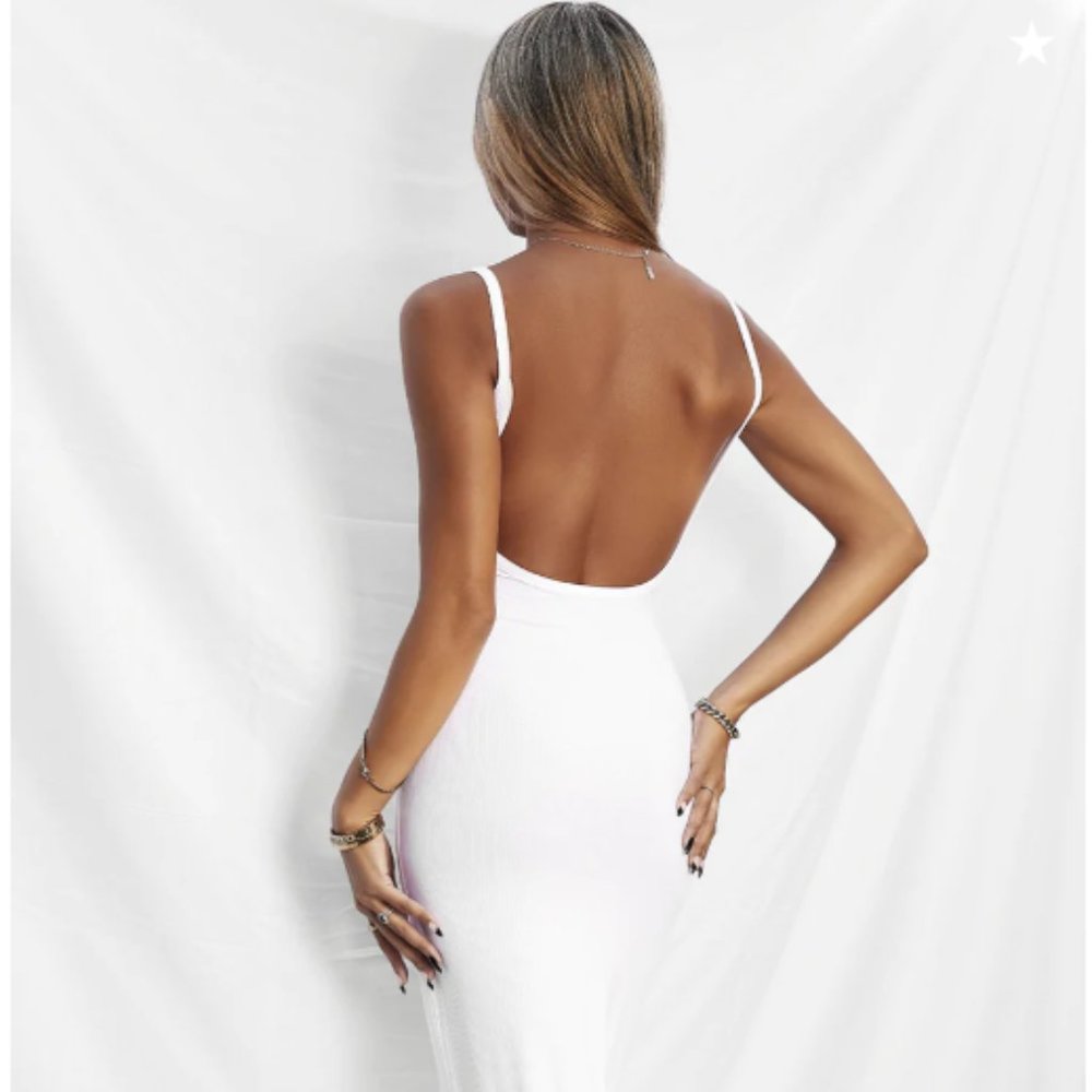 NWT All Things Golden The Luxe Rib Low Back Midi Dress - White